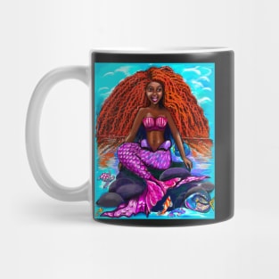 Black mermaid with flowing red locks singing , brown eyes Afro hair and caramel brown skin Mug